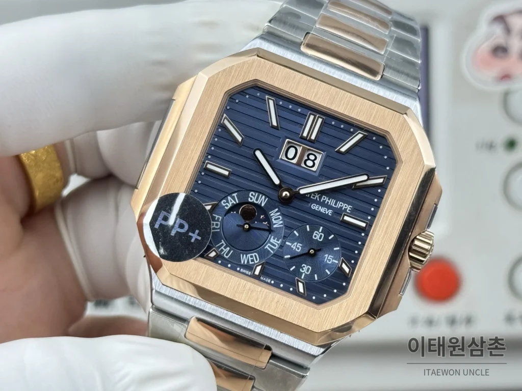 파텍필립 큐비터스 플래티넘 컴플리케이션 오토매틱 45mm 블루 투톤 브레이슬릿 로즈골드 베젤 (2)
