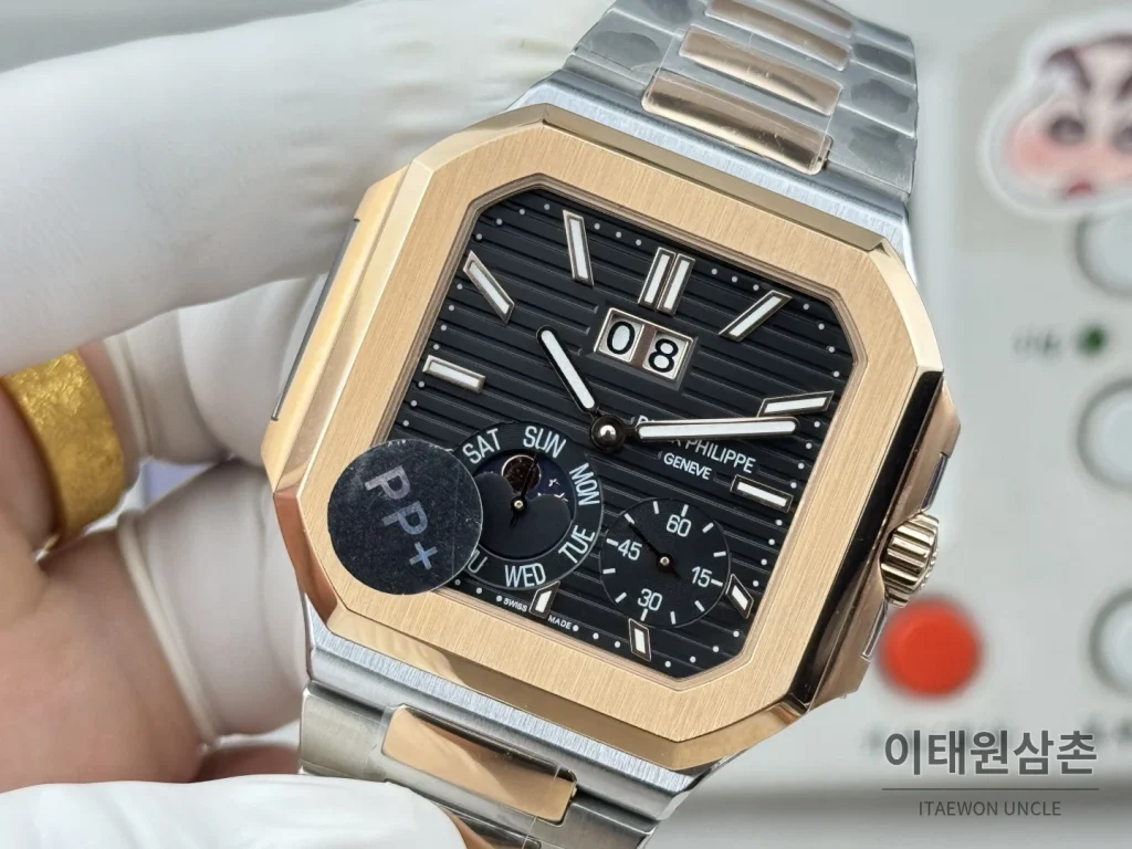 파텍필립 큐비터스 플래티넘 컴플리케이션 오토매틱 45mm 블루 투톤 브레이슬릿 로즈골드 베젤 (3)