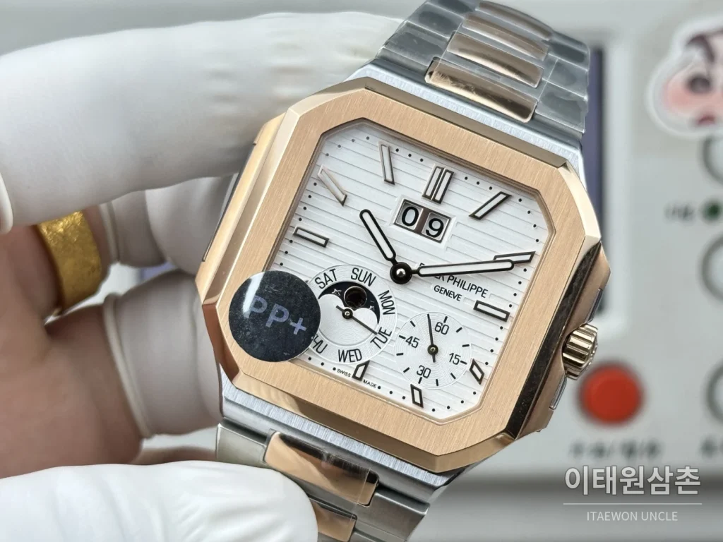파텍필립 큐비터스 플래티넘 컴플리케이션 오토매틱 45mm 블루 투톤 브레이슬릿 로즈골드 베젤 (3)