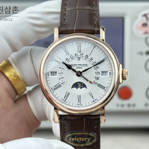 파텍필립 그랜드컴플리케이션 퍼페추얼캘린더 오토매틱 38mm 아이보리 화이트 다이얼 브라운 가죽 스트랩 로즈골드 베젤