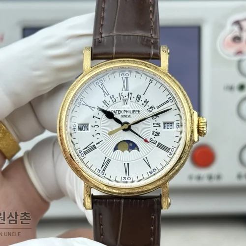 파텍필립 그랜드컴플리케이션 퍼페추얼캘린더 오토매틱 38mm 아이보리 화이트 다이얼 브라운 가죽 스트랩 골드 베젤