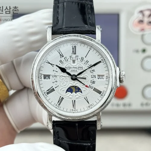 파텍필립 그랜드컴플리케이션 퍼페추얼캘린더 오토매틱 38mm 아이보리 화이트 다이얼 블랙 가죽 스트랩 실버 베젤