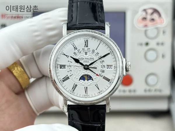 파텍필립 그랜드컴플리케이션 퍼페추얼캘린더 오토매틱 38mm 아이보리 화이트 다이얼 블랙 가죽 스트랩 실버 베젤