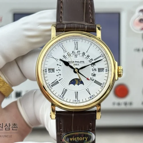 파텍필립 그랜드컴플리케이션 퍼페추얼캘린더 오토매틱 38mm 아이보리 화이트 다이얼 브라운 가죽 스트랩 골드 케이스