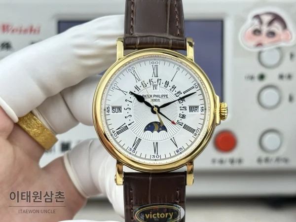 파텍필립 그랜드컴플리케이션 퍼페추얼캘린더 오토매틱 38mm 아이보리 화이트 다이얼 브라운 가죽 스트랩 골드 케이스