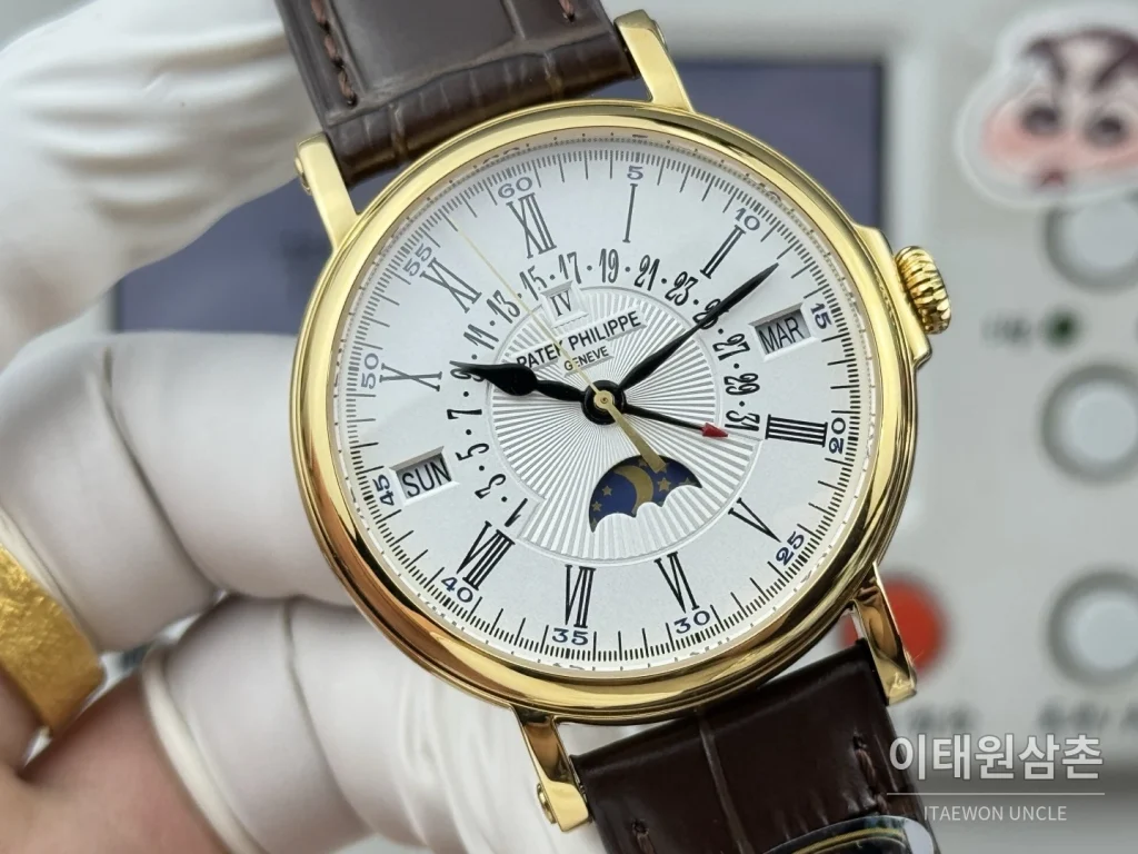 파텍필립 그랜드컴플리케이션 퍼페추얼캘린더 오토매틱 38mm 아이보리 화이트 다이얼 브라운 가죽 스트랩 골드 케이스