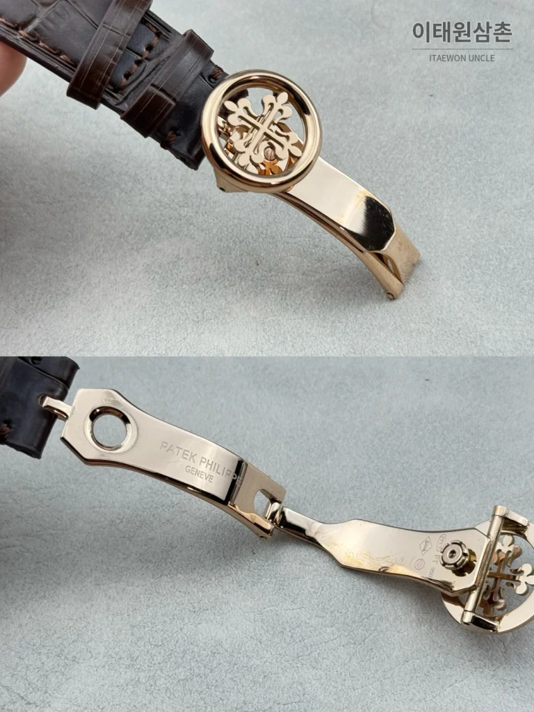 파텍필립 그랜드컴플리케이션 퍼페추얼캘린더 오토매틱 38mm 아이보리 화이트 다이얼 브라운 가죽 스트랩 로즈골드 베젤