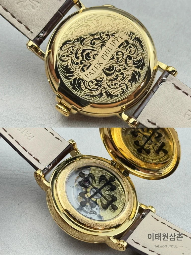 파텍필립 그랜드컴플리케이션 퍼페추얼캘린더 오토매틱 38mm 아이보리 화이트 다이얼 브라운 가죽 스트랩 골드 베젤