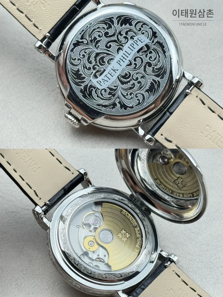 파텍필립 그랜드컴플리케이션 퍼페추얼캘린더 오토매틱 38mm 아이보리 화이트 다이얼 블랙 가죽 스트랩 실버 베젤