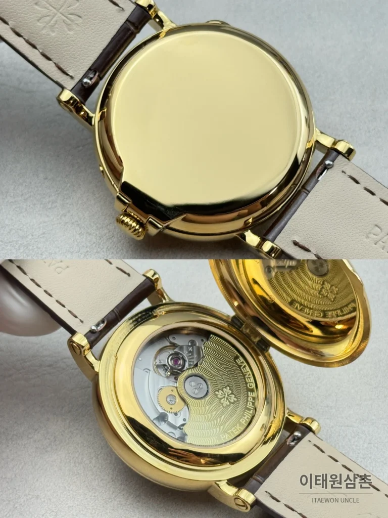 파텍필립 그랜드컴플리케이션 퍼페추얼캘린더 오토매틱 38mm 아이보리 화이트 다이얼 브라운 가죽 스트랩 골드 케이스