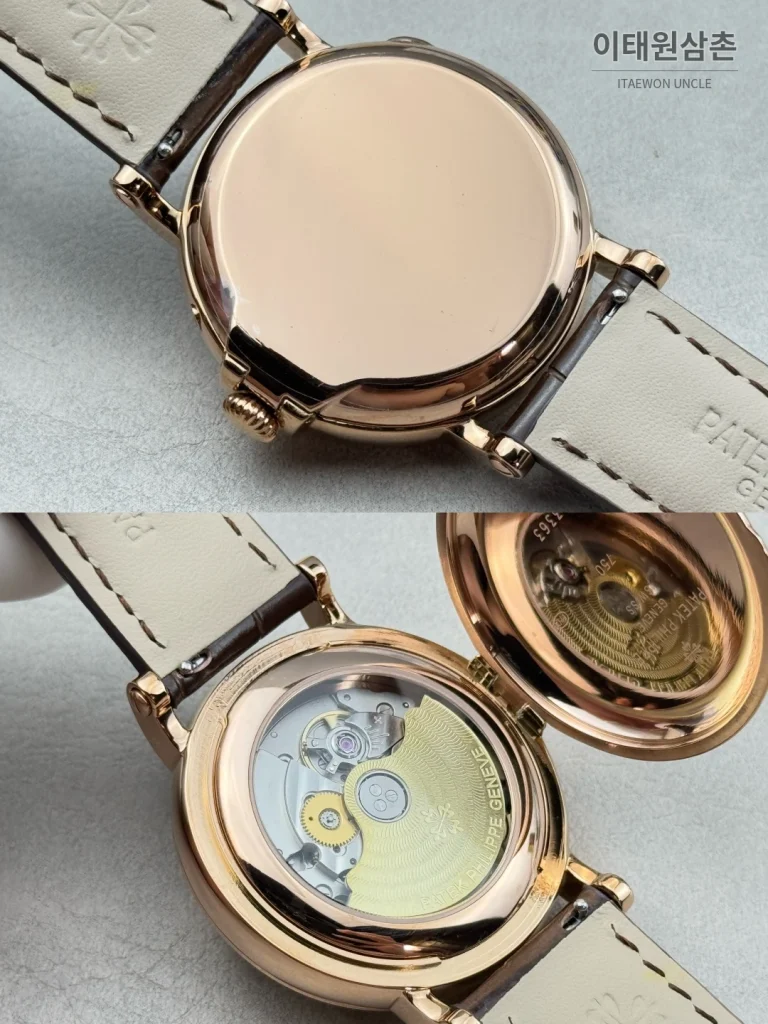 파텍필립 그랜드컴플리케이션 퍼페추얼캘린더 오토매틱 38mm 아이보리 화이트 다이얼 브라운 가죽 스트랩 로즈골드 베젤