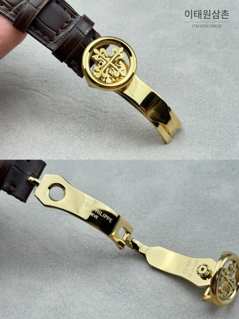 파텍필립 그랜드컴플리케이션 퍼페추얼캘린더 오토매틱 38mm 아이보리 화이트 다이얼 브라운 가죽 스트랩 골드 케이스