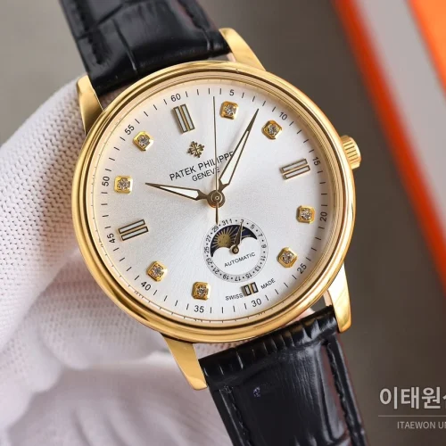 파텍필립 월페이즈 오토매틱 40mm 실버 다이얼 블랙 가죽 스트랩