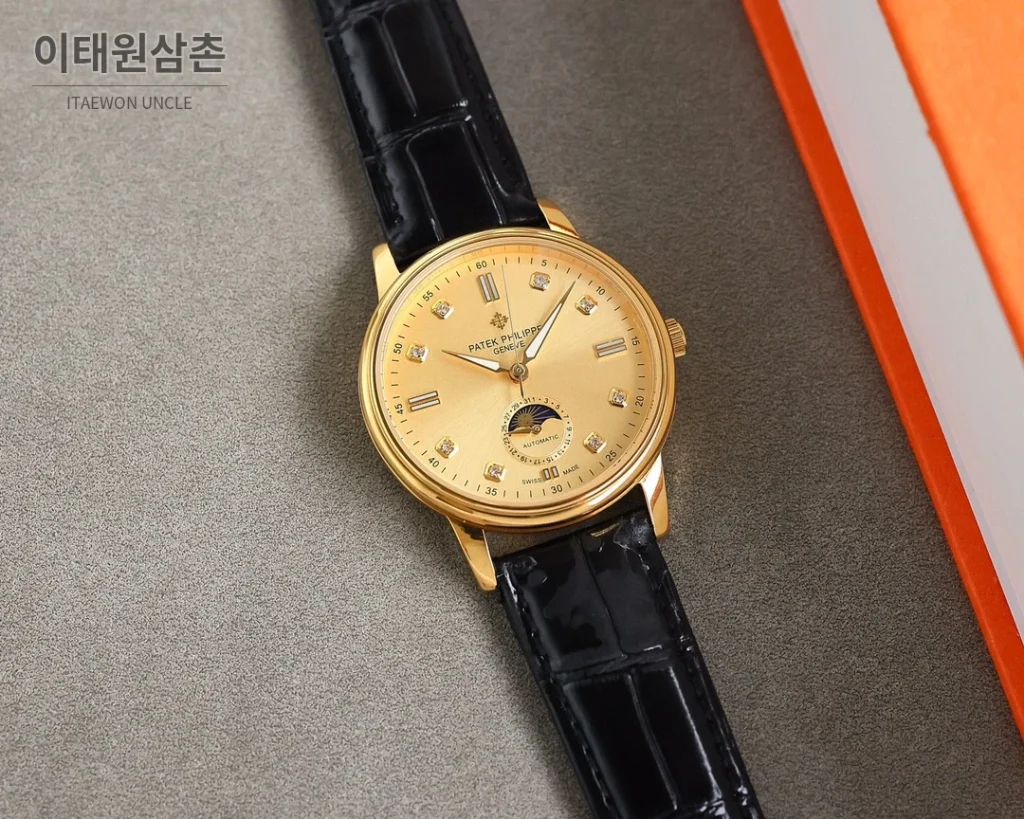 파텍필립 월페이즈 오토매틱 40mm 실버 다이얼 블랙 가죽 스트랩