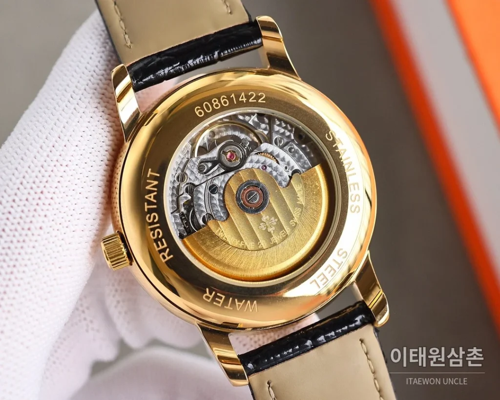 파텍필립 월페이즈 오토매틱 40mm 실버 다이얼 블랙 가죽 스트랩