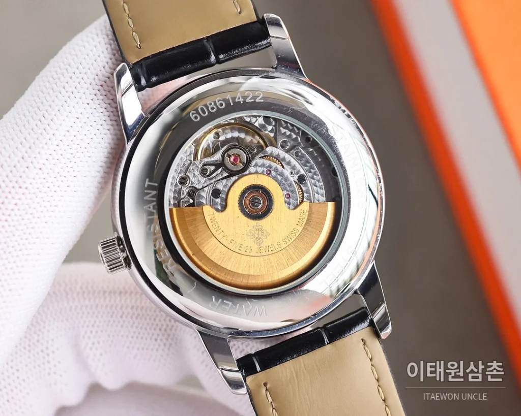 파텍필립 월페이즈 오토매틱 40mm 실버 다이얼 브라운 가죽 스트랩