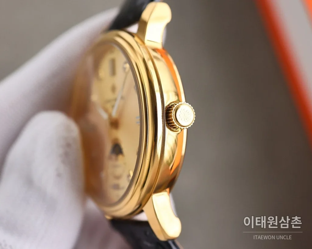 파텍필립 월페이즈 오토매틱 40mm 실버 다이얼 블랙 가죽 스트랩