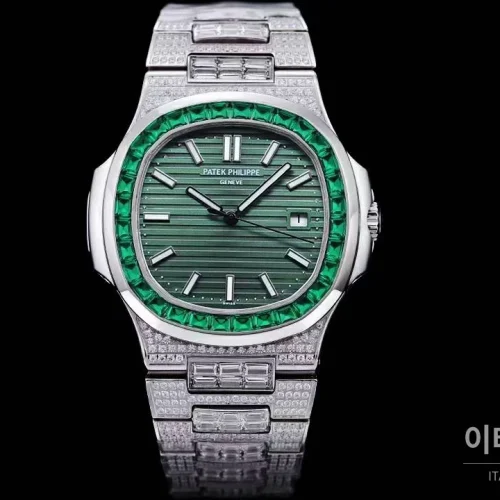 파텍필립 노틸러스 5711 풀다이아 파베 다이얼 오토매틱 40mm 실버 (2) 파텍필립 노틸러스 5711 풀다이아 파베 다이얼 오토매틱 40mm 실버 스틸 브레이슬릿 그린 베젤