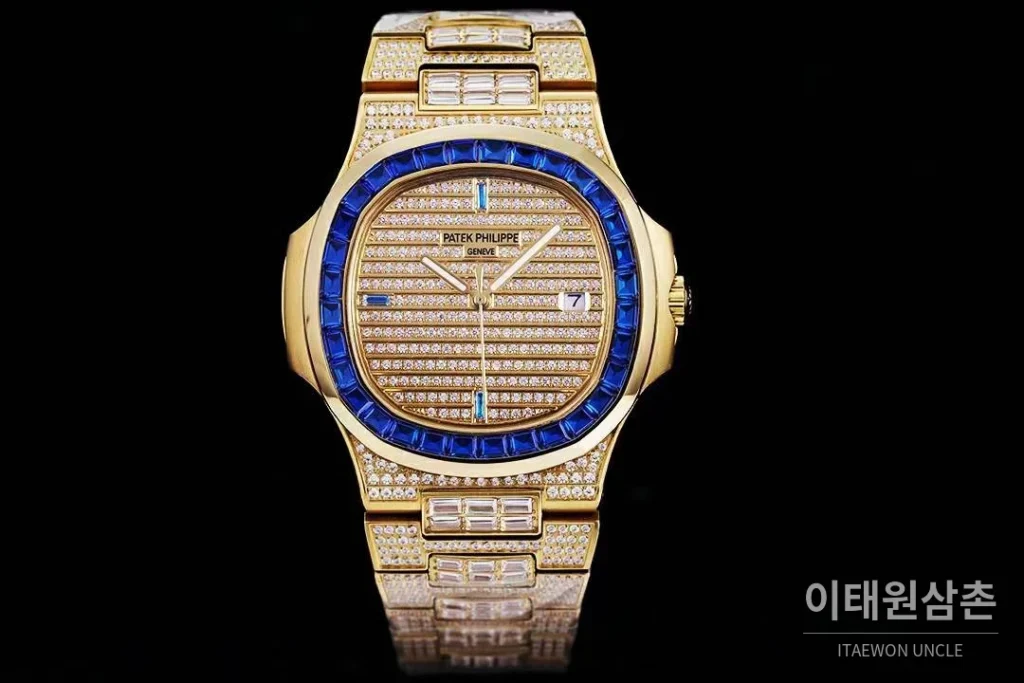 파텍필립 노틸러스 5711 풀다이아 파베 다이얼 오토매틱 40mm 실버 골드 브레이슬릿 블루 베젤