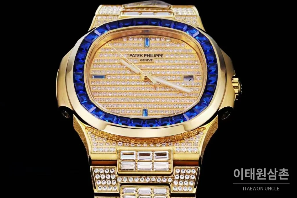 파텍필립 노틸러스 5711 풀다이아 파베 다이얼 오토매틱 40mm 실버 골드 브레이슬릿 블루 베젤