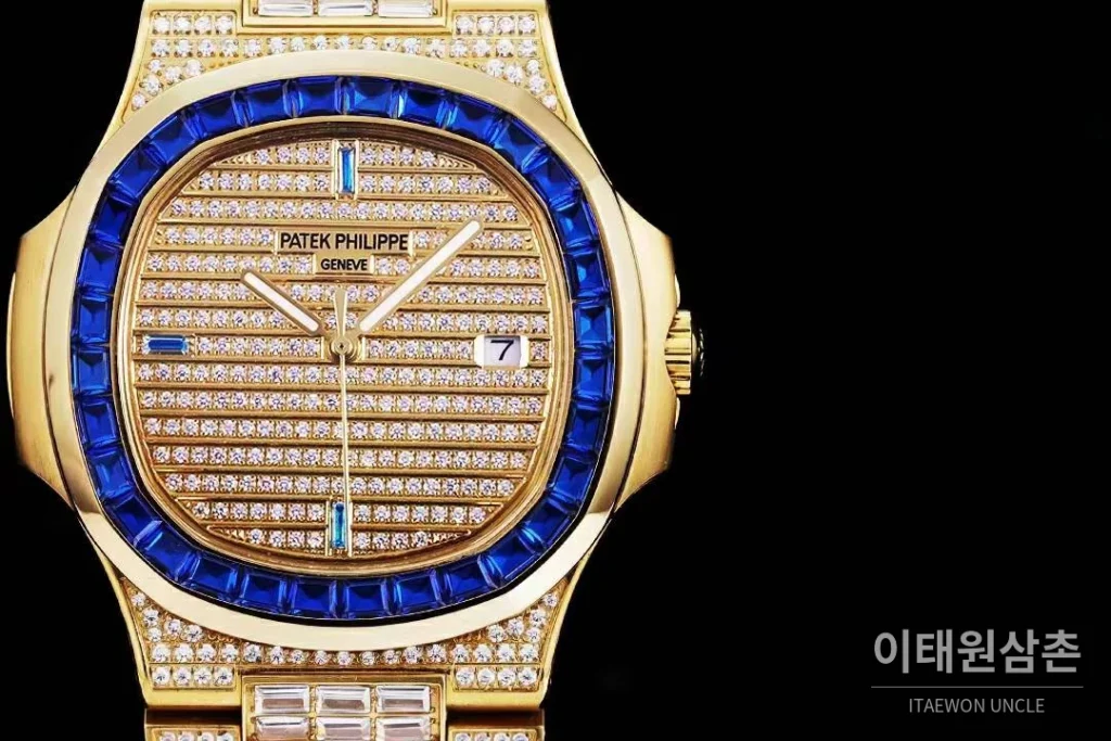 파텍필립 노틸러스 5711 풀다이아 파베 다이얼 오토매틱 40mm 실버 골드 브레이슬릿 블루 베젤