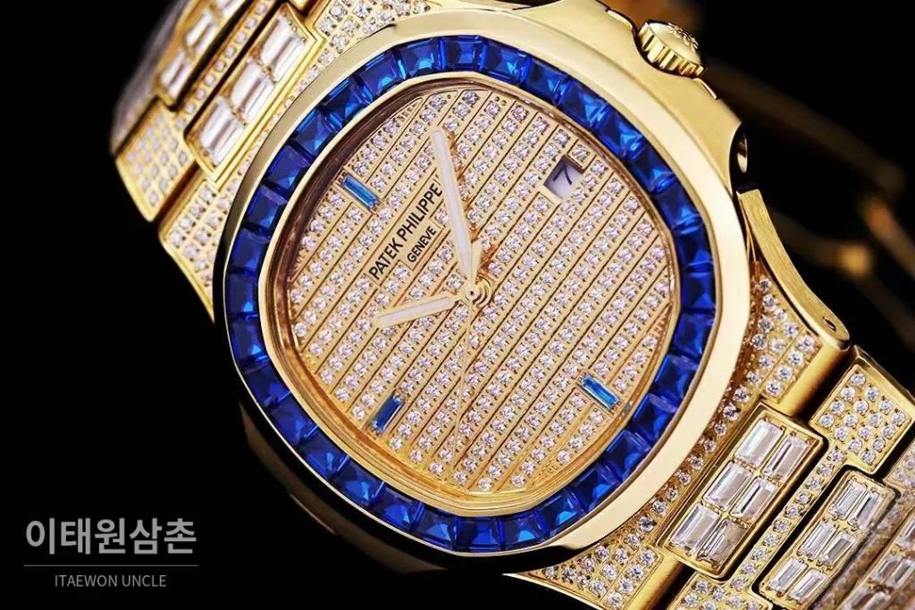 파텍필립 노틸러스 5711 풀다이아 파베 다이얼 오토매틱 40mm 실버 골드 브레이슬릿 블루 베젤