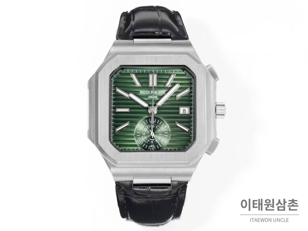 파텍필립 노틸러스 스틸 크로노그래프 오토매틱 44mm 5980/1A-014 그린 다이얼 블랙 가죽 스트랩