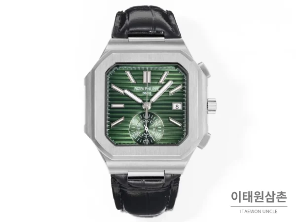 파텍필립 노틸러스 스틸 크로노그래프 오토매틱 44mm 5980/1A-014 그린 다이얼 블랙 가죽 스트랩