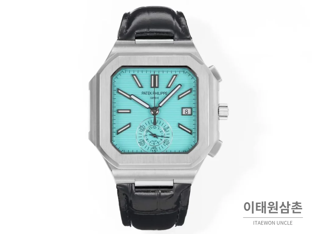파텍필립 노틸러스 스틸 크로노그래프 오토매틱 44mm 5980/1A-014 아이스블루 다이얼 블랙 가죽 스트랩