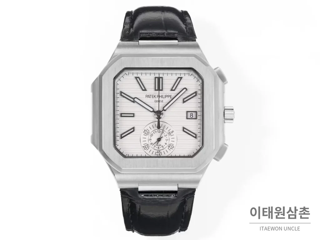 파텍필립 노틸러스 스틸 크로노그래프 오토매틱 44mm 5980/1A-014 화이트 다이얼 블랙 가죽 스트랩