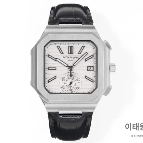 파텍필립 노틸러스 스틸 크로노그래프 오토매틱 44mm 5980/1A-014 화이트 다이얼 블랙 가죽 스트랩 파텍필립 노틸러스 스틸 크로노그래프 오토매틱 44mm 5980/1A-014 화이트 다이얼 블랙 가죽 스트랩