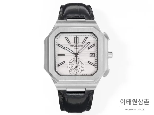 파텍필립 노틸러스 스틸 크로노그래프 오토매틱 44mm 5980/1A-014 화이트 다이얼 블랙 가죽 스트랩