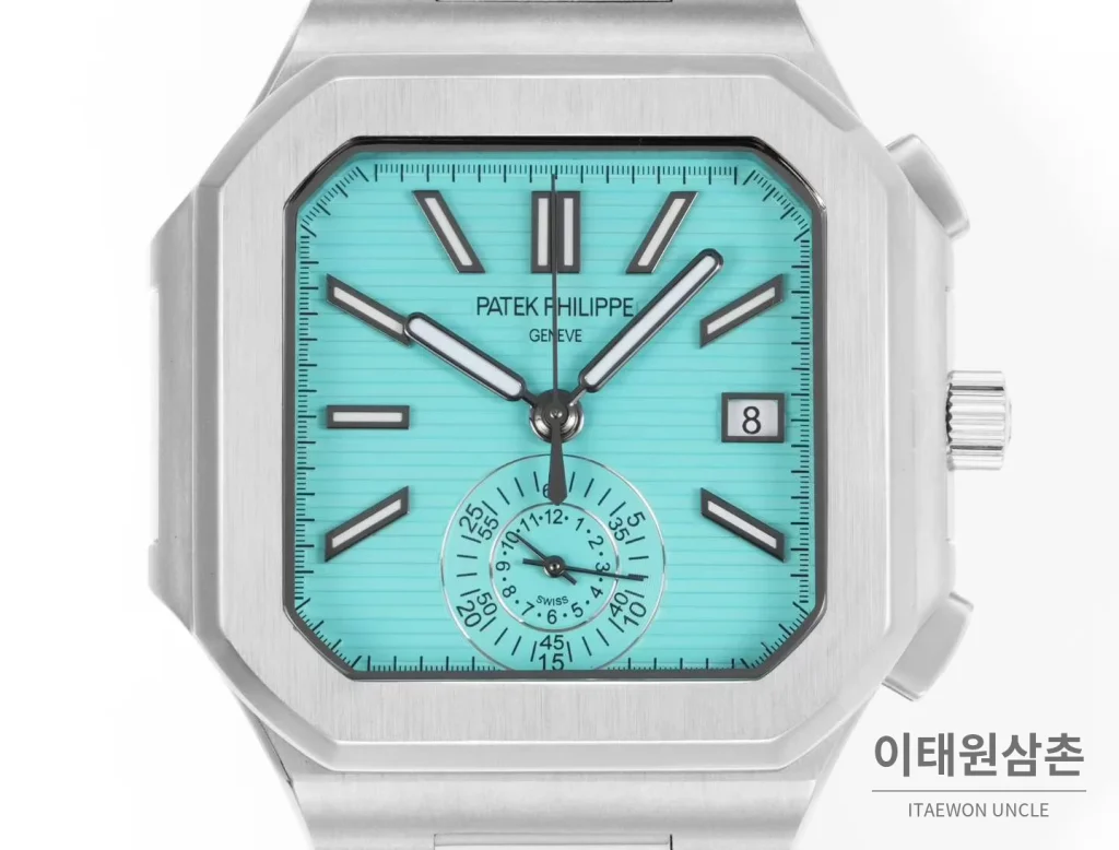 파텍필립 노틸러스 스틸 크로노그래프 오토매틱 44mm 5980/1A-014 아이스블루 다이얼 블랙 가죽 스트랩