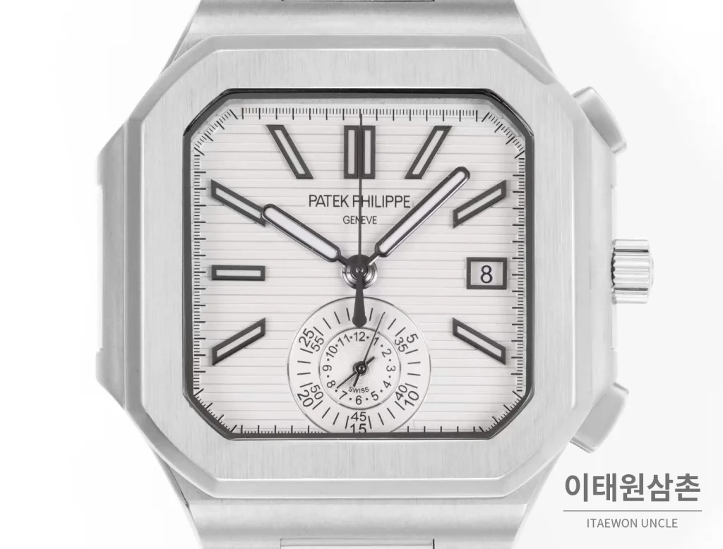 파텍필립 노틸러스 스틸 크로노그래프 오토매틱 44mm 5980/1A-014 화이트 다이얼 블랙 가죽 스트랩