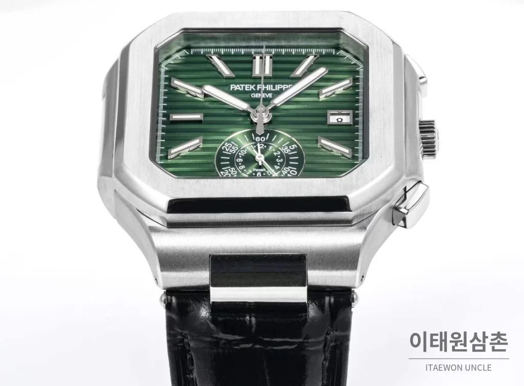 파텍필립 노틸러스 스틸 크로노그래프 오토매틱 44mm 5980/1A-014 그린 다이얼 블랙 가죽 스트랩