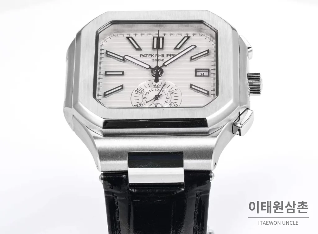 파텍필립 노틸러스 스틸 크로노그래프 오토매틱 44mm 5980/1A-014 화이트 다이얼 블랙 가죽 스트랩
