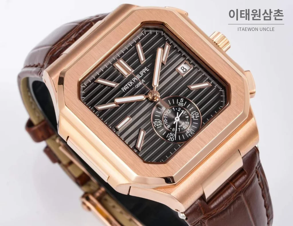 파텍필립 노틸러스 스틸 크로노그래프 오토매틱 44mm 5980/1A-014 블랙 다이얼 브라운 가죽 스트랩
