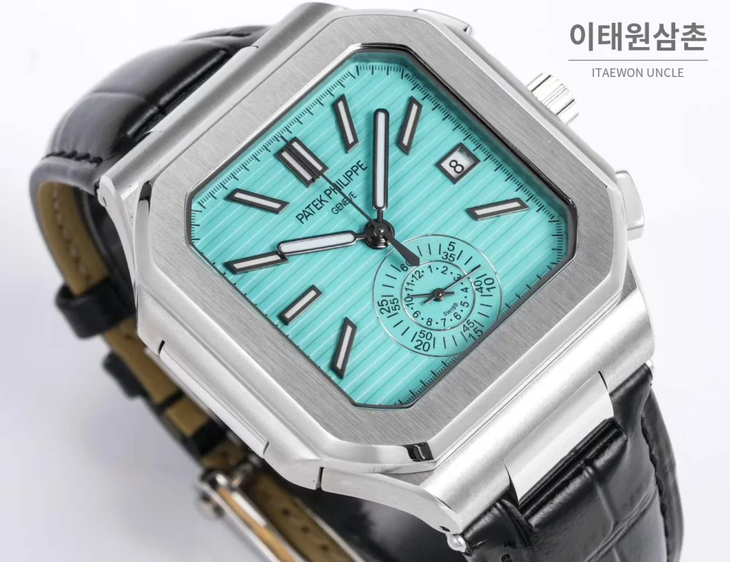 파텍필립 노틸러스 스틸 크로노그래프 오토매틱 44mm 5980/1A-014 아이스블루 다이얼 블랙 가죽 스트랩
