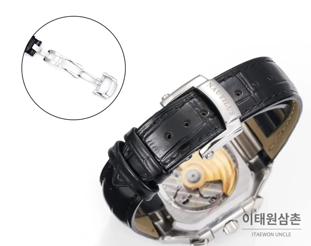 파텍필립 노틸러스 스틸 크로노그래프 오토매틱 44mm 5980/1A-014 그린 다이얼 블랙 가죽 스트랩