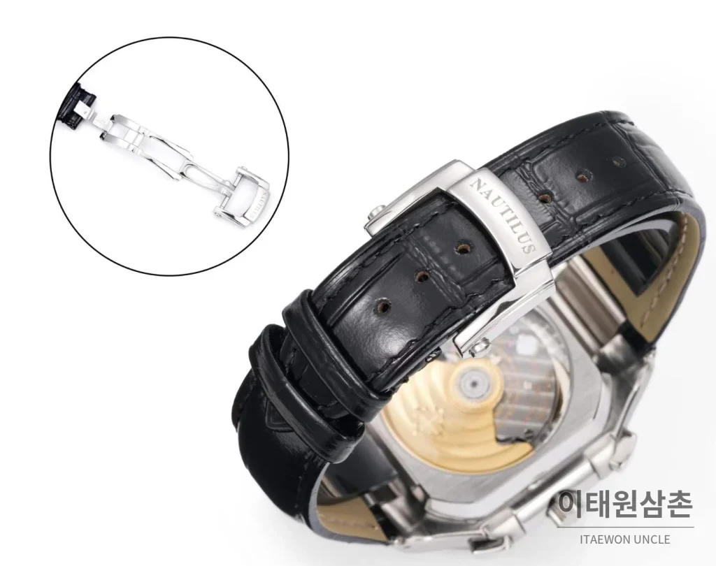 파텍필립 노틸러스 스틸 크로노그래프 오토매틱 44mm 5980/1A-014 아이스블루 다이얼 블랙 가죽 스트랩