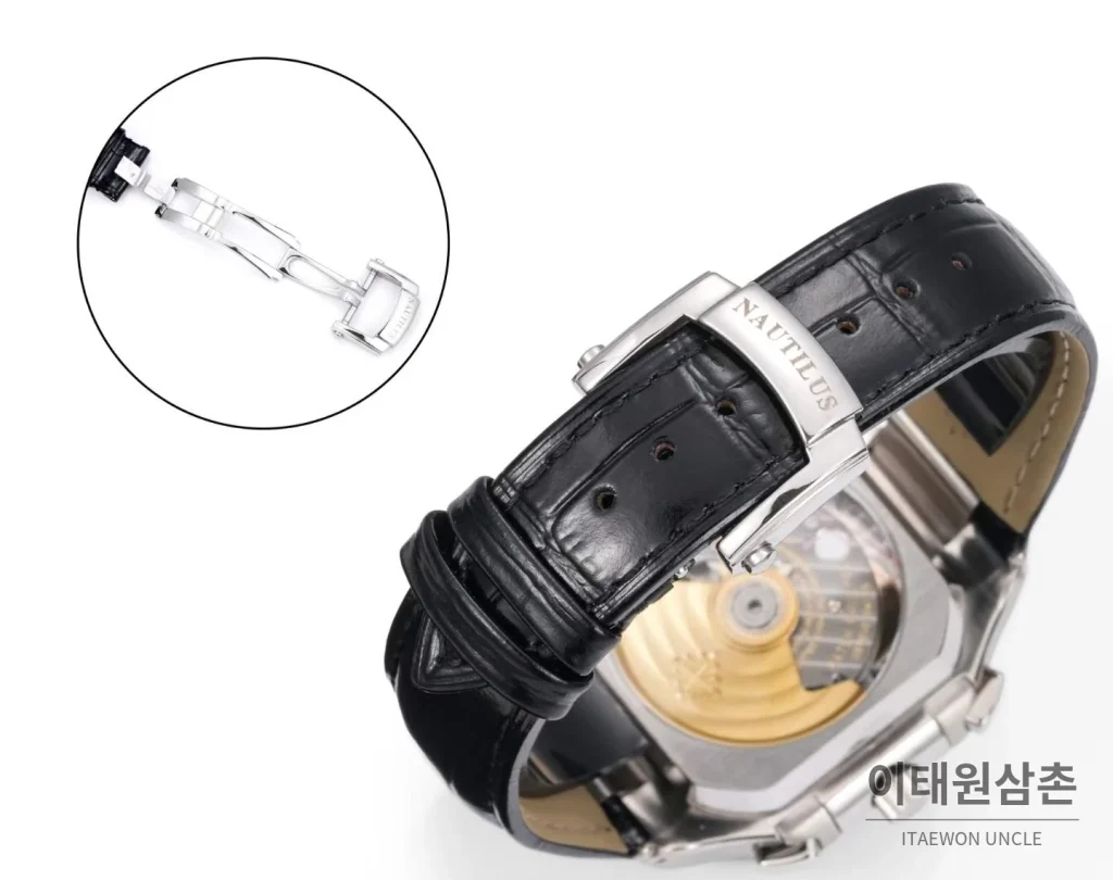 파텍필립 노틸러스 스틸 크로노그래프 오토매틱 44mm 5980/1A-014 화이트 다이얼 블랙 가죽 스트랩