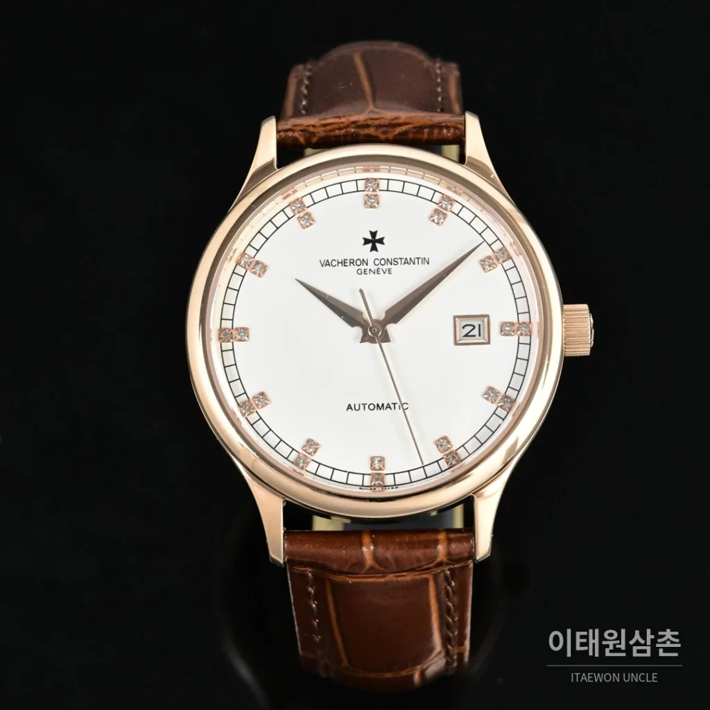 파텍필립 패트리모니 오토매틱 40mm 화이트 다이얼 브라운 가죽 스트랩 로즈골드 베젤