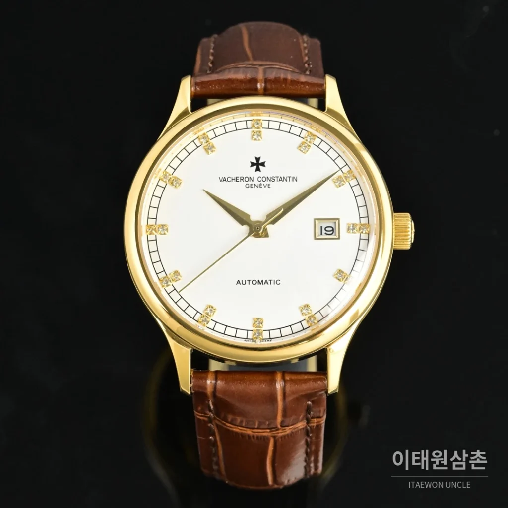파텍필립 패트리모니 오토매틱 40mm 화이트 다이얼 브라운 가죽 스트랩 골드 베젤