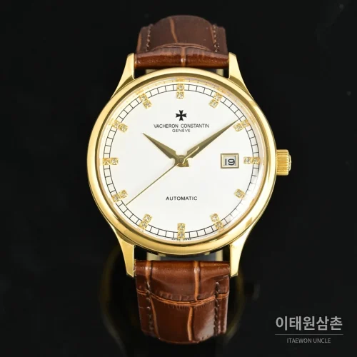 파텍필립 패트리모니 오토매틱 40mm 화이트 다이얼 브라운 가죽 스트랩 골드 베젤