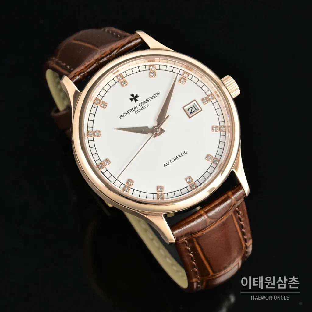 파텍필립 패트리모니 오토매틱 40mm 화이트 다이얼 브라운 가죽 스트랩 로즈골드 베젤