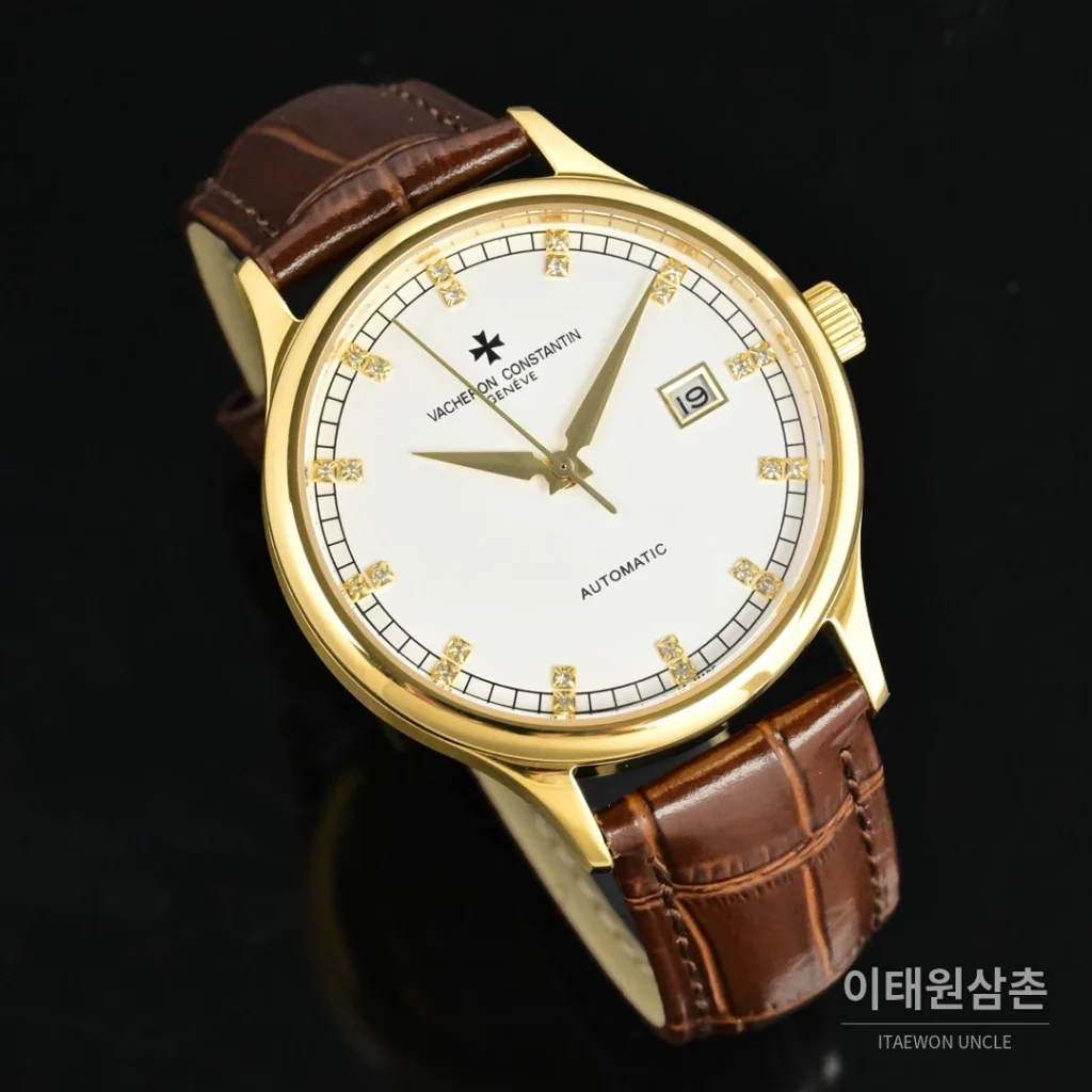 파텍필립 패트리모니 오토매틱 40mm 화이트 다이얼 브라운 가죽 스트랩 골드 베젤