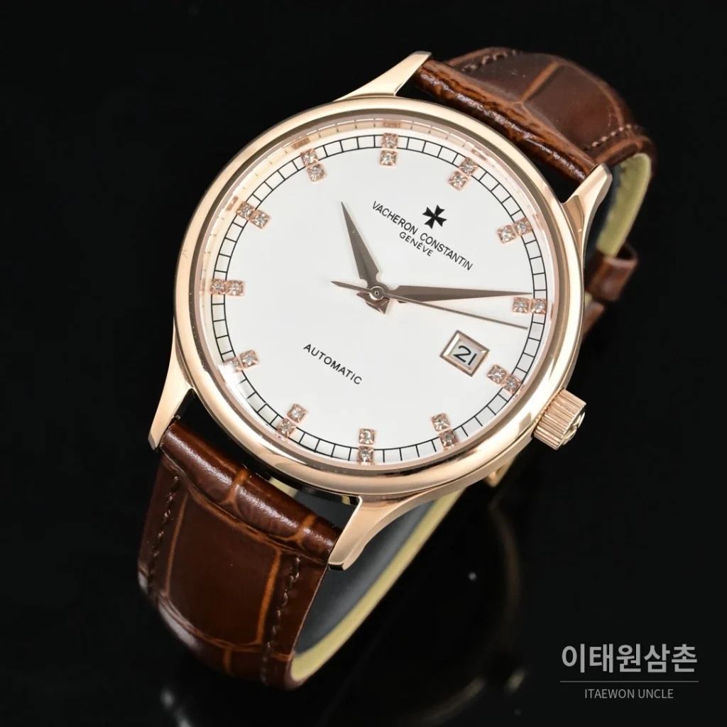 파텍필립 패트리모니 오토매틱 40mm 화이트 다이얼 브라운 가죽 스트랩 로즈골드 베젤