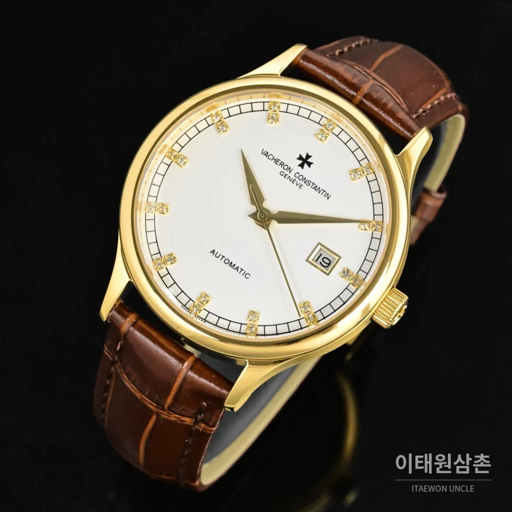 파텍필립 패트리모니 오토매틱 40mm 화이트 다이얼 브라운 가죽 스트랩 골드 베젤