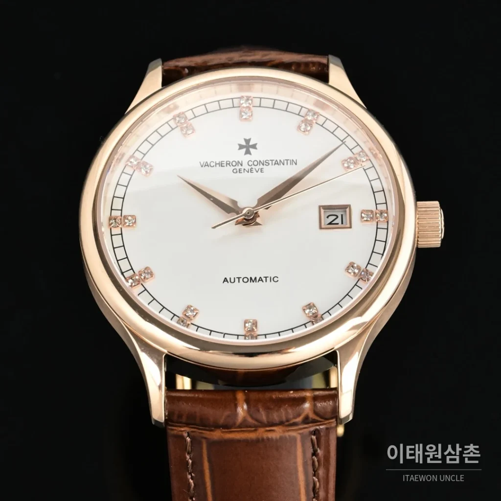 파텍필립 패트리모니 오토매틱 40mm 화이트 다이얼 브라운 가죽 스트랩 로즈골드 베젤