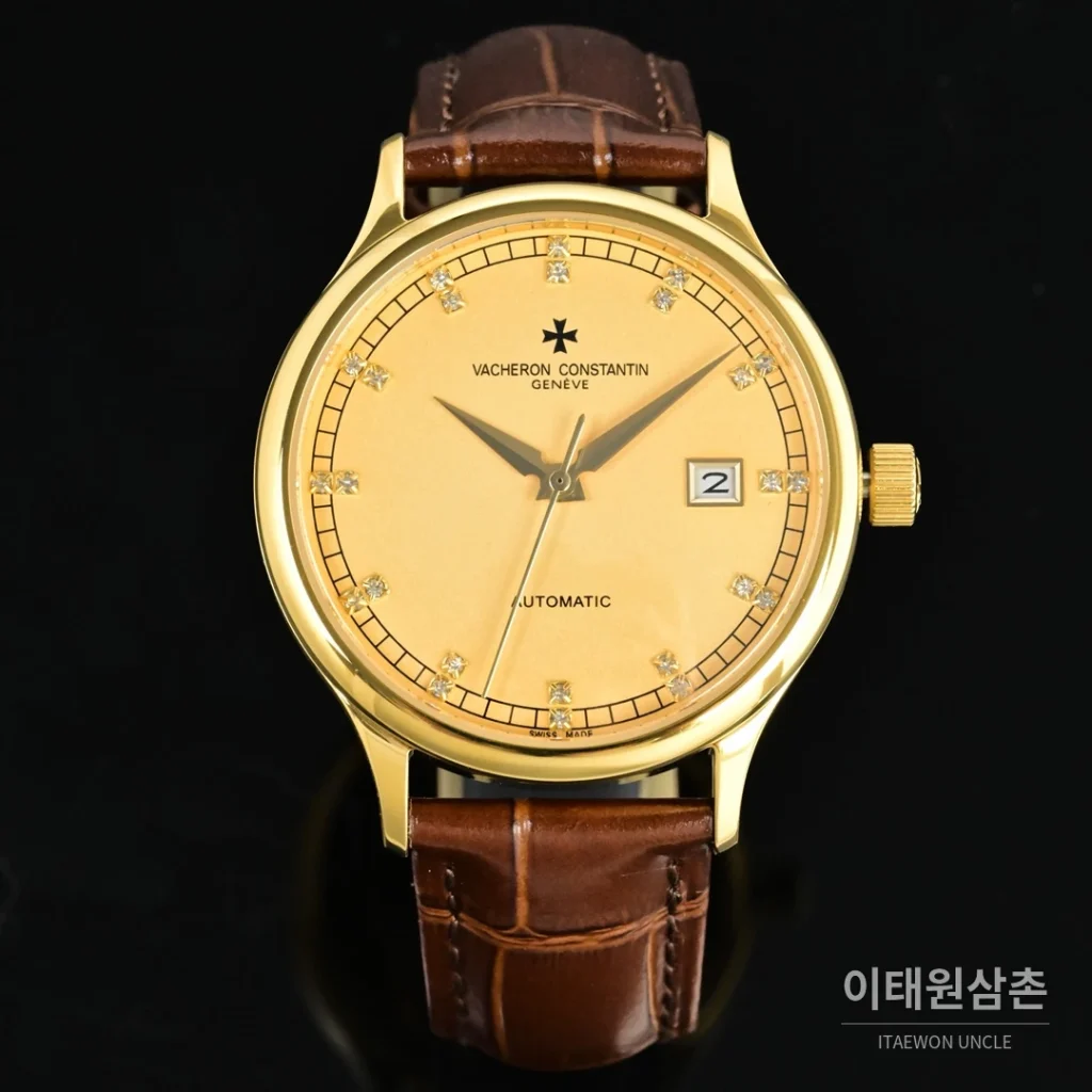 파텍필립 패트리모니 오토매틱 40mm 화이트 다이얼 브라운 가죽 스트랩 골드 베젤